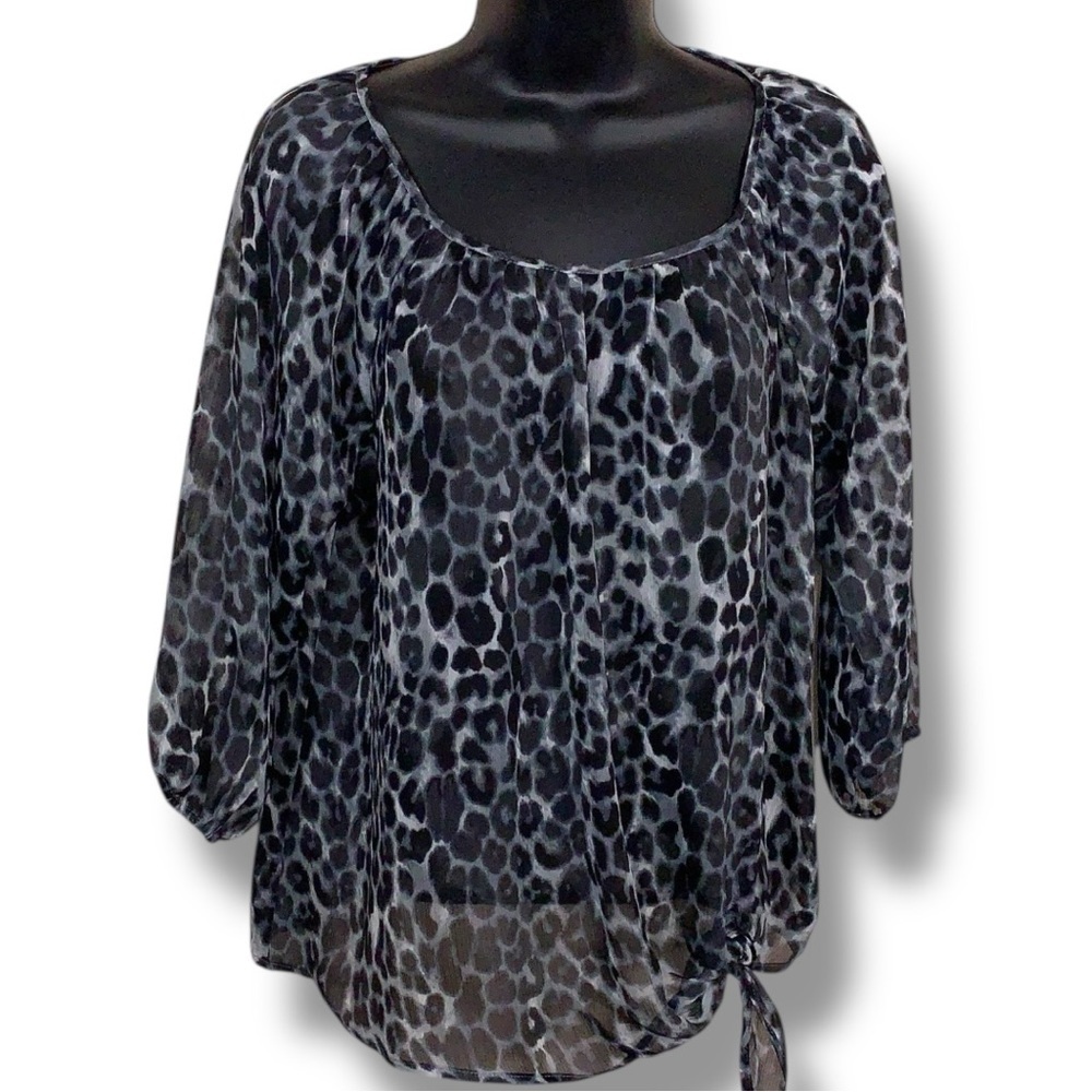 New XS Express Grey Blue Black Leopard Print Semi Sheer Blouse Top